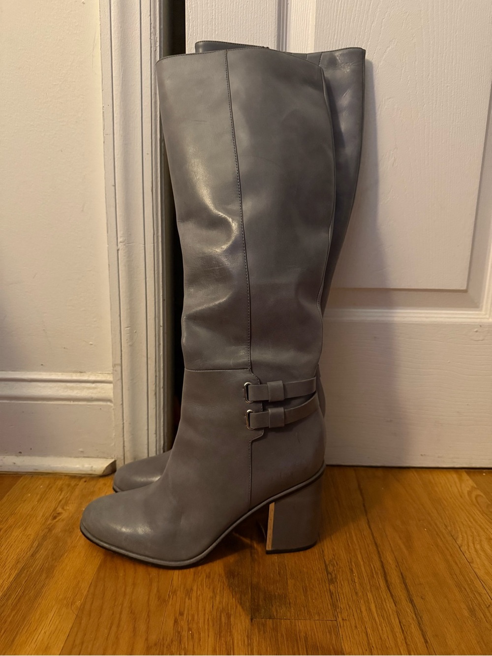 Calvin Klein Gray Knee-High Block Heel Boots with Buckle Straps